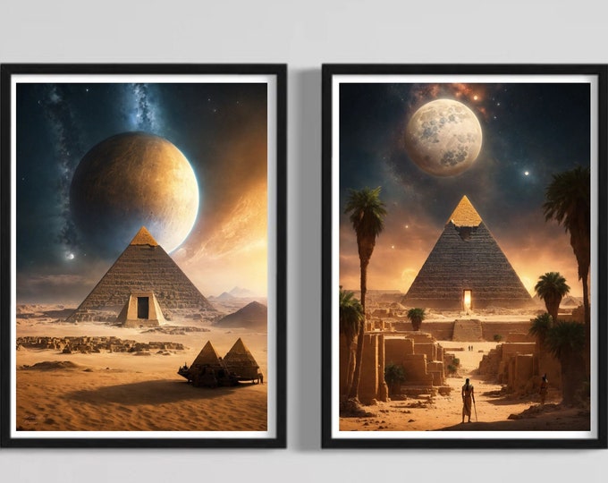 Ancient Egypt the Center of the Universe Paintings Wall Art Set, 2 Piece Wall Art Set, Art Print, Printable Art, Egyptian Art, Pyramids, Png