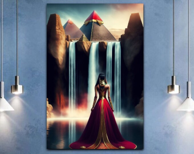 Egyptian Queen Nefertiti facing Wadi El Rayan Waterfalls of Egypt Original Painting, Wall Art, Fine Art, Pyramids, Black Art, Arts -Gifts