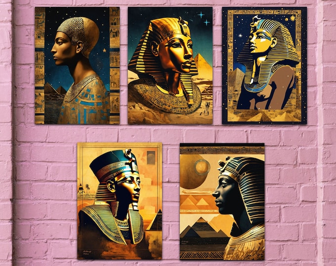 Egyptian Art King Tut Paintings 5 Piece Wall Art, Art Prints, PNG, Printable, Wall Decor, Black Artwork, African Art, Ancient Egypt, Pharaoh