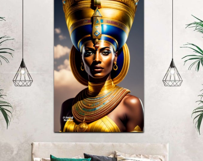 Queen Nefertiti Canvas Painting 1, Ancient Egypt Collectible, Egyptian Princess, African Art Canvas, Egyptian Goddess Costume, Black Art