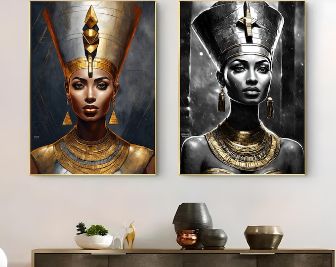 Ancient Egypt Inspired Queen Nefertiti Egypian Art Prints Set, Paintings, Printable Art, Female Portrait, Black Woman Wall Art, Melanin Png
