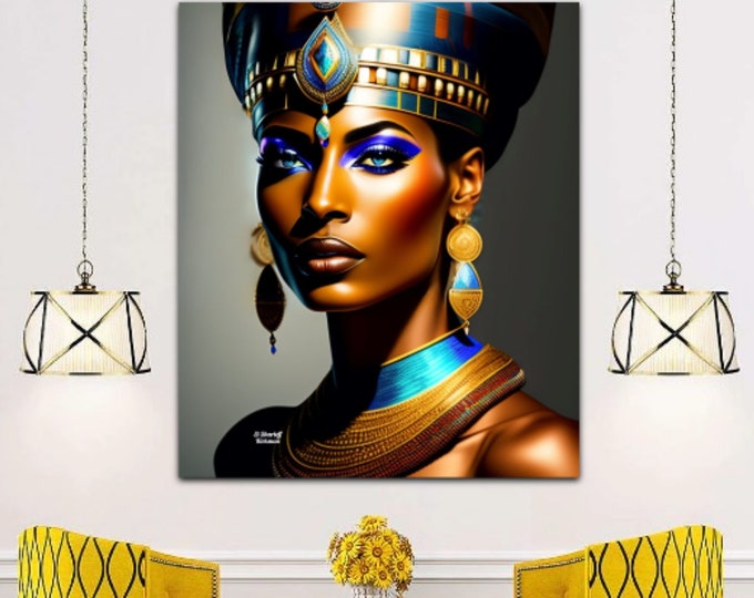Egyptian Queen Nefertiti Panting 3, Wall Art, Signed, Black Art, African Decor, Home, Office, Dorm, Mid Century Modern, Egypt, Arts -Gifts
