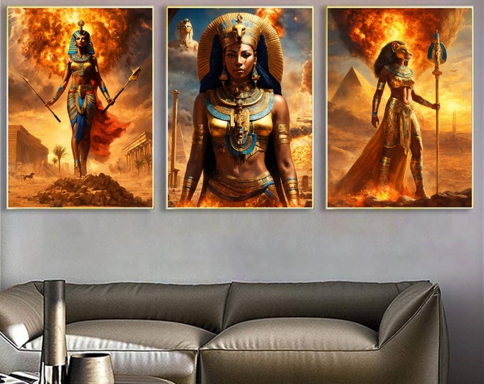 Egyptian Goddess Sekhmet Destroyers of Enemies of Sun God Re Paintings, Wall Art Set of 3, Wall Decor, Art Prints, Afro Png, Fantasy Art