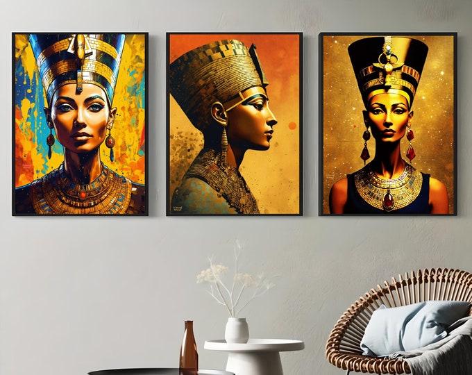 Egyptian Queen Nefertiti Paintings, Wall Art Set of 3, Digital Prints, Black Woman Wall Art, Black Girl Poster Print, African Art, Afro Png