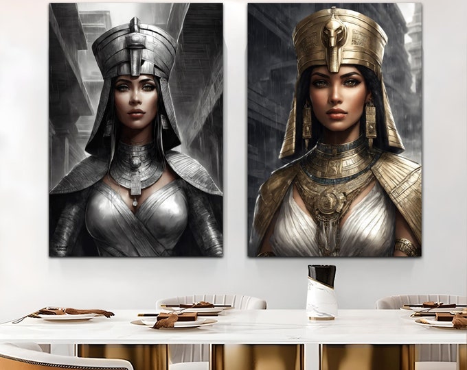 Egyptian Queen Cleopatra's Dream World Fantasy Paintings Set of 2, Printable Art, Digital Download, Wall Art, African Art, Egyptian Decor