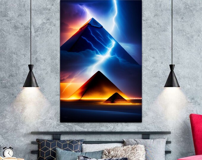 Egyptian Pyramids with Lightening Storms in Night Sky Painting 1, Canvas Wall Art, Neon Art, Decor for Living Room, Cabin Decor, Home Art