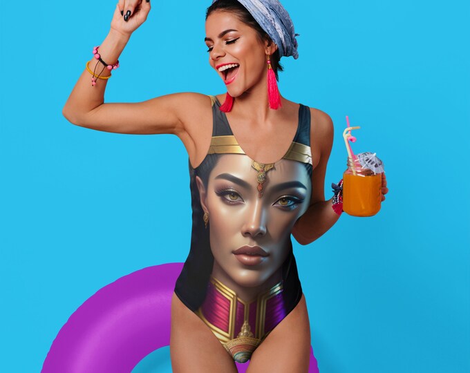 Swimsuit with Egyptian Queen Cleopatra Painting 1, Swimwear, Bride Bathing Suit, Beach Wear, Bikini, Afrocentric Art, African Fashion