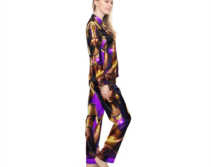 Satin Pajamas Set with Queen Cleopatra Painting 8, Women Cloth, African American, Bridesmaid Gift, Christmas, Xmas, Cloths, Arts -Gifts