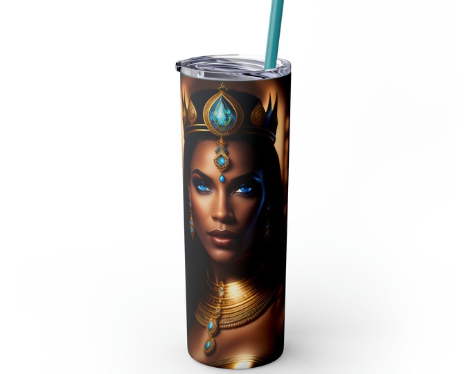 20oz Skinny Tumbler with Straw with Queen Cleopatra Painting 13 Sublimation, Coffee Cup, Cold, Afrocentric Art, Egyptian Art, Black Woman