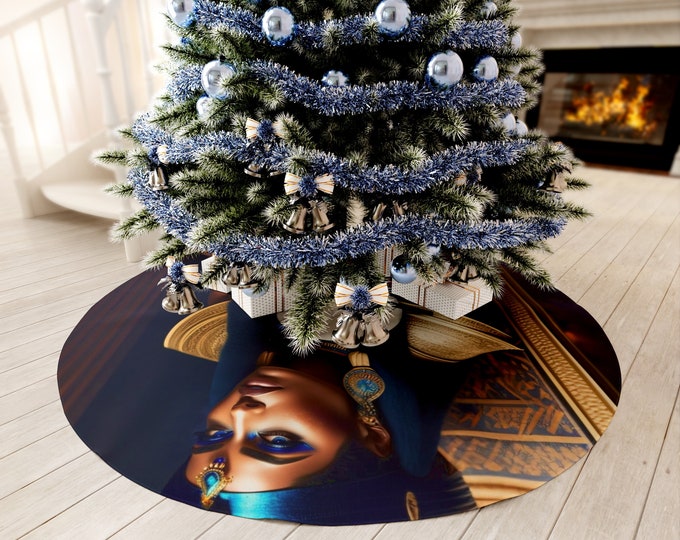 Christmas Tree Skirt with Egyptian Queen Cleopatra Painting 21, Holiday Decor, Xmas Gift, Seasonal, Black Queen, Afrocentric Art, Egypt Arts