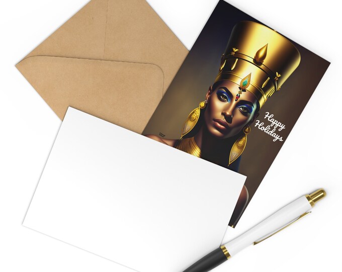 Holiday Postcards (7 pieces) with Queen Nefertiti Painting 8, Xmas Cards, Greeting, Birthday, Christmas Gifts, Nubian Queen, Black Art