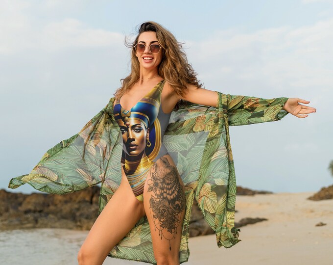 Bridesmaid Swimsuit with Egyptian Queen Nefertiti Painting 1, Swimwear, Bathing Suit, Pool, Beach Summer, Black Woman Art, African Art