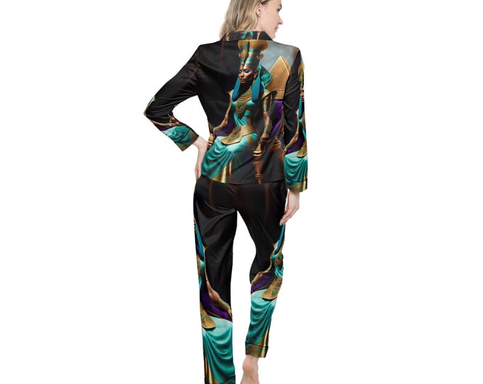 Satin Pajamas Set with Egyptian Queen Nefertiti Painting 16, Sleepwear, Women Clothing, Night Clothes, Bridesmaid Gift, Black Woman Art