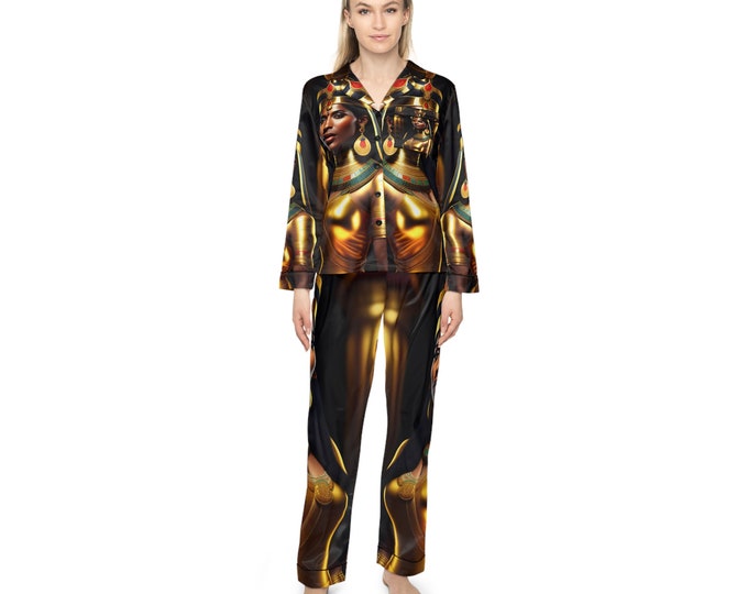 Satin Pajamas Set with Queen Cleopatra Painting 10, Women Cloth, African American, Bridesmaid Gift, Christmas, Xmas, Cloths, Arts -Gifts