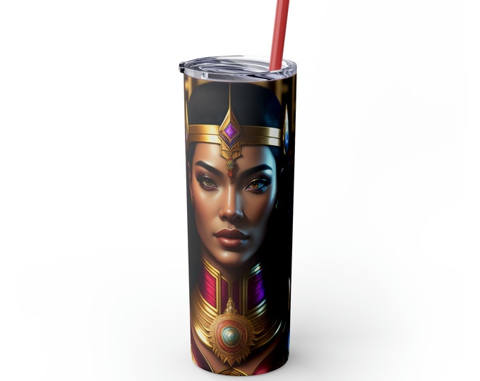 20oz Skinny Tumbler with Straw with Queen Cleopatra Painting 1 Sublimation, Coffee Cup, Cold, Afrocentric Art, Egyptian Art, Black Woman