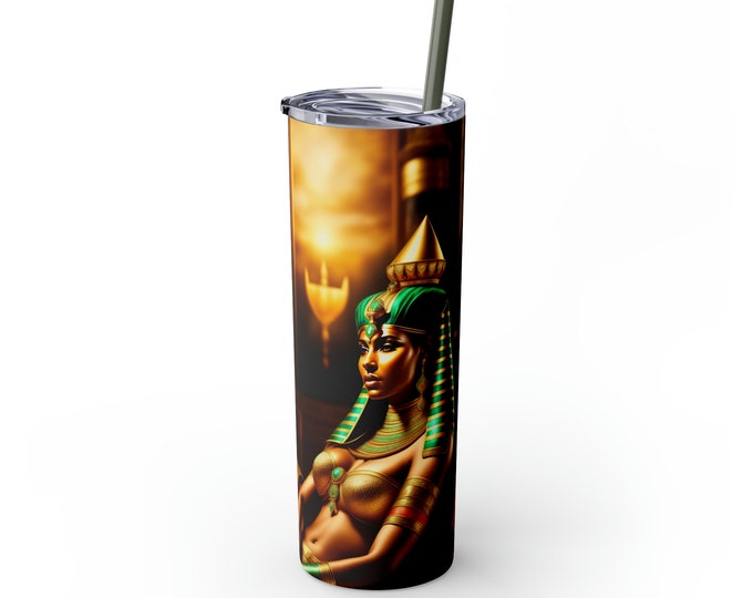 20oz Skinny Tumbler with Straw with Queen Cleopatra Painting 37 Sublimation, Tea Cup, Coffee, Afrocentric Art, Egyptian Art, Black Woman