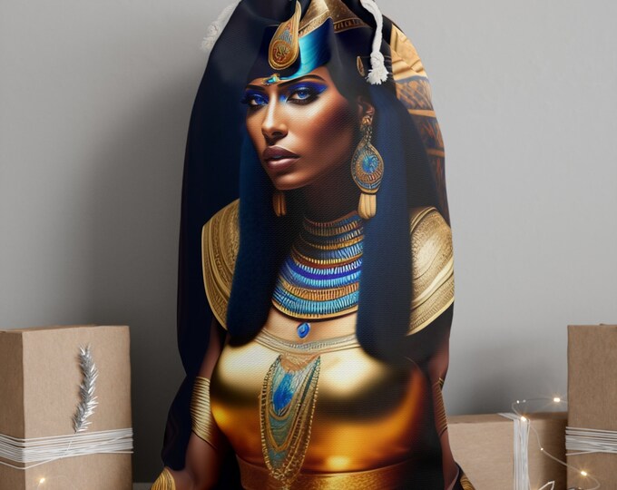 Christmas Santa Sack Bag with Queen Cleopatra Painting 21, Holiday Gift Bag, Xmas Decor, Velour Fabric, Black Artwork, Afrocentric Art