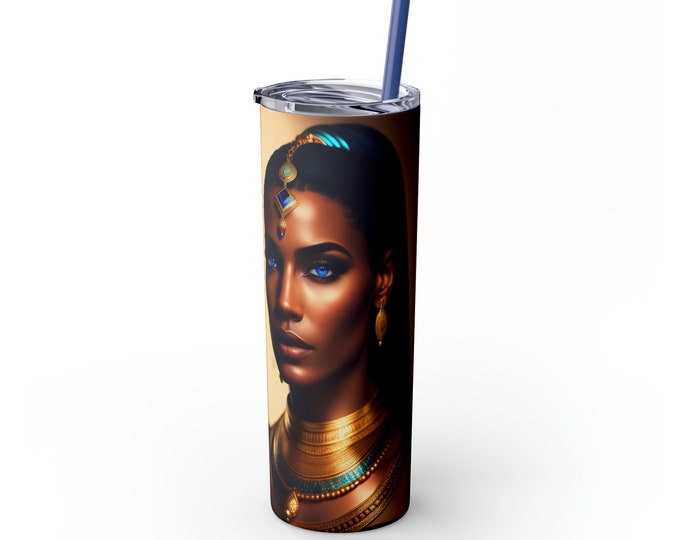20oz Skinny Tumbler with Straw with Queen Cleopatra Painting 20 Sublimation, Hot Drinks, Cold, Afrocentric Art, Egyptian Art, Black Woman