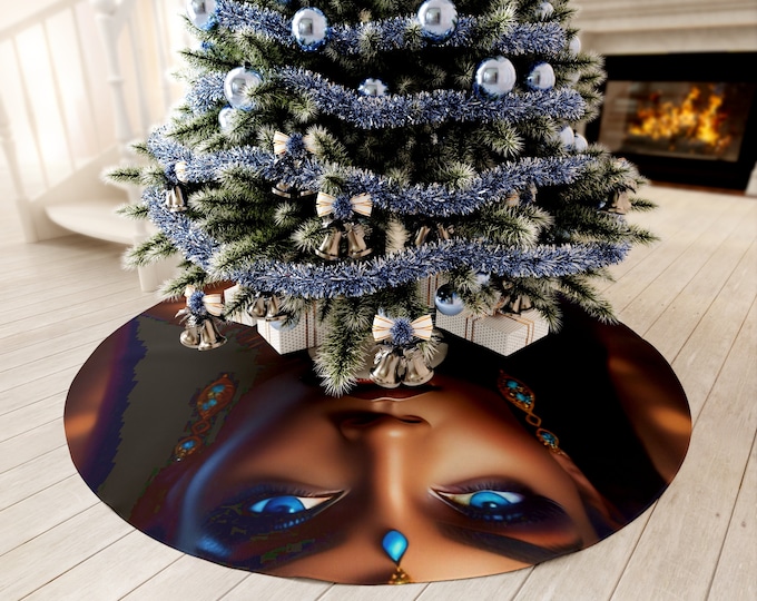 Christmas Tree Skirt with Egyptian Queen Cleopatra Painting 13, Holiday Decor, Xmas Gifts, Family Gift, Black Queen, Afrocentric Art, Egypt