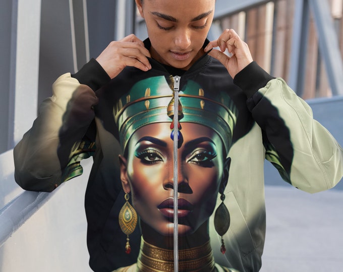 Bomber Jacket with Queen Cleopatra Painting 9, Handmade, Coat, Women Casual Wear, Mens Clothing, Black Art, Gift for Her, Gift for Him