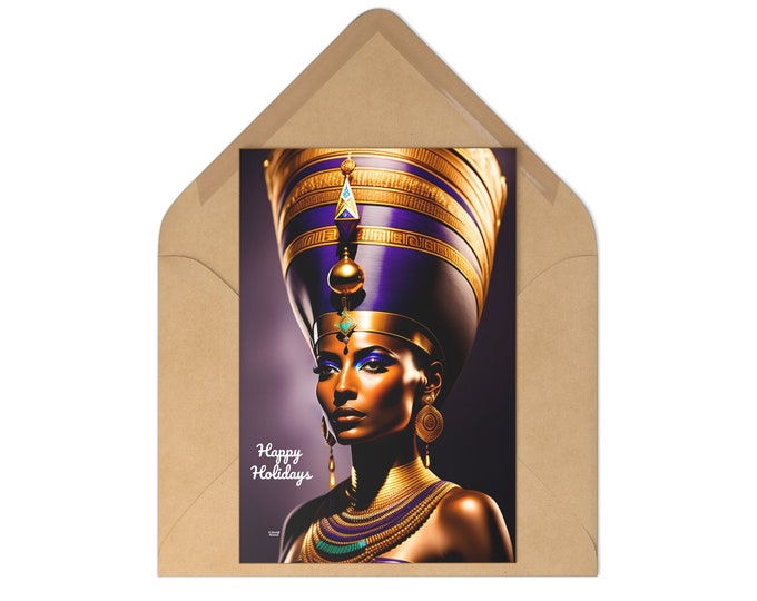 Holiday Postcards (7 pieces) with Queen Nefertiti Painting 00, Xmas Cards, Greeting, Gift for her, Christmas Gifts, Nubian Queen, Black Art