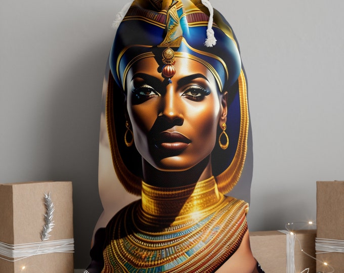 Christmas Santa Sack Bag with Queen Nefertiti Painting 1, Bag for Presents, Gift Bags, Velour Fabric, African Woman, Black Artist Painting