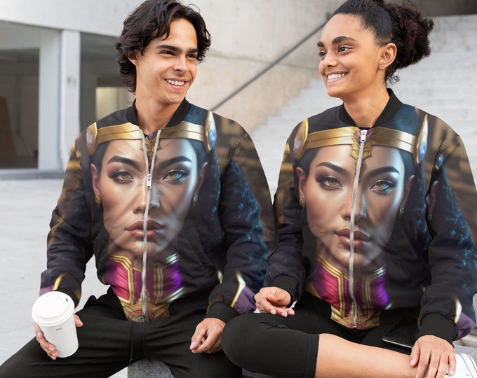 Bomber Jacket with Queen Cleopatra Painting 1, Handmade, Coat, Women Casual Wear, Mens Clothing, Black Art, Gift for Her, Gift for Him