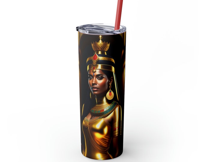 20oz Skinny Tumbler with Straw with Queen Cleopatra Painting 10 Sublimation, Coffee Cup, Cold, Afrocentric Art, Egyptian Art, Black Woman
