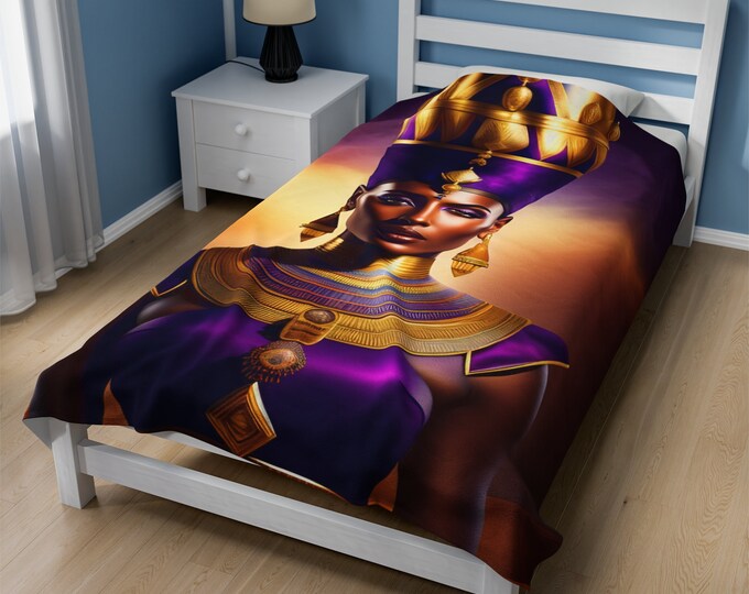 Velveteen Plush Blanket with Queen Nefertiti Painting 5, Throw Blanket, Soft Knit, Colorful Home Décor, Handmade Blanket, Knit, Bedding