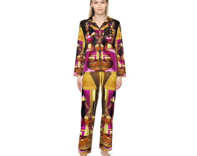 Satin Pajamas Set with Queen Cleopatra Painting 12, Women Cloth, African American, Bridesmaid Gift, Christmas, Xmas, Cloths, Arts -Gifts