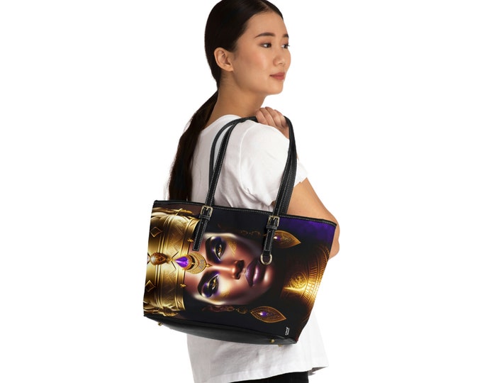 Leather Shoulder Bag with Queen Nefertiti Painting 9, Tote Bag, Leather Purse Women, Handmade Cross Body Bag, Weekender Bag, Afrocentric Art