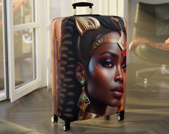 Luggage Cover Of Goddess Bastet Painting 4, Suitcase Wrap, Luggage Protector, Cover, Holiday, Vacation, African Wrap, Black Woman Art