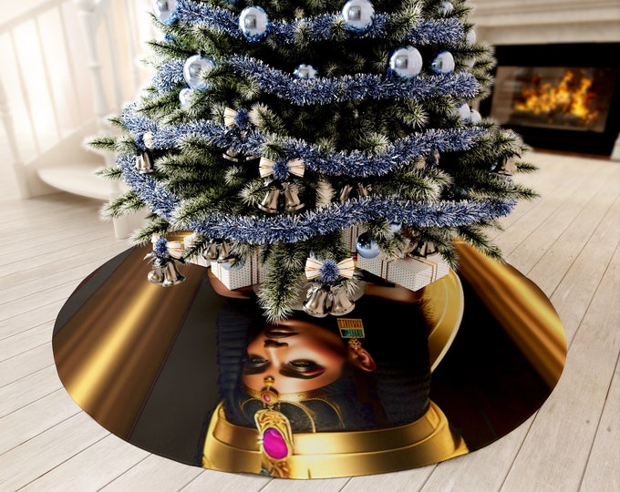 Christmas Tree Skirt with Egyptian Queen Cleopatra Painting 14, Holiday Decor, Xmas Gifts, Kids Gift, Black Queen, Afrocentric Art, Egypt
