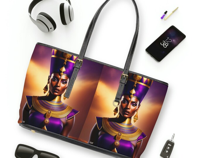 Leather Shoulder Bag with Queen Nefertiti Painting 5, Tote Bag, Leather Purse Women, Handmade Cross Body Bag, Weekender Bag, Afrocentric Art