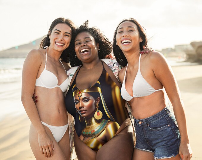 Swimsuit with Egyptian Queen Cleopatra Painting 10, Swimwear, Bride Bathing Suit, Beach Wear, Bikini, Afrocentric Art, African Fashion