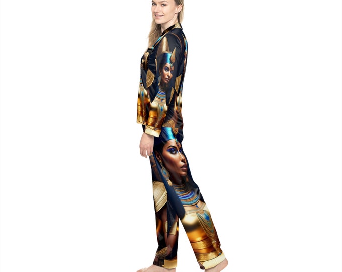 Satin Pajamas Set with Queen Cleopatra Painting 21, Women Cloth, African American, Bridesmaid Gift, Christmas, Xmas, Cloths, Arts -Gifts