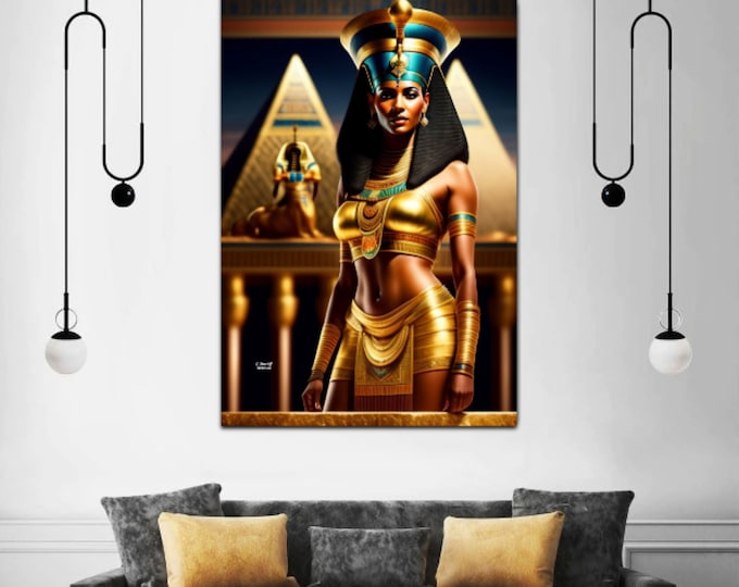 Queen Nefertiti Canvas Painting 10, Egyptian Decor, Fine Art, Digital Painting, Black Woman Wall Art, African American Art, Black Girl Gift
