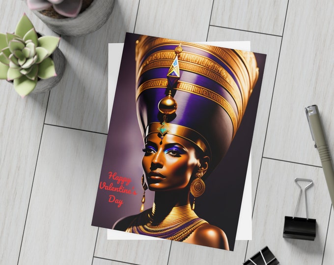 Valentines Day Cards with Queen Nefertiti Painting 00, Greeting Cards, Postcard, Gifts for Her, Egyptian Art, Egypt, Nubian Queen, Black Art