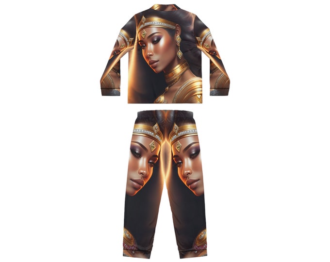 Satin Pajamas Set with Queen Cleopatra Painting 36, Women Cloth, African American, Bridesmaid Gift, Christmas, Xmas, Cloths, Arts -Gifts