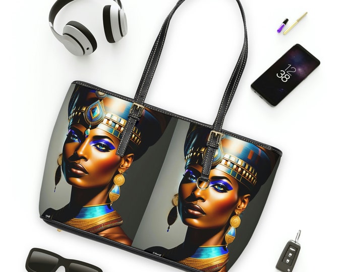 Leather Shoulder Bag with Queen Nefertiti Painting 3, Tote Bag, Leather Purse Women, Handmade Cross Body Bag, Weekender Bag, Afrocentric Art