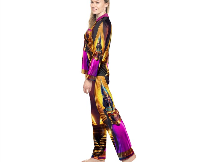 Satin Pajamas Set with Egyptian Queen Nefertiti Painting 50, Sleepwear, Women Clothing, Night Clothes, Bridesmaid Gift, Black Woman Art