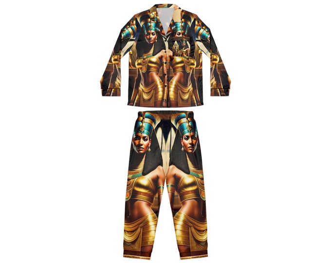 Satin Pajamas Set with Egyptian Queen Nefertiti Painting 10, Sleepwear, Women Clothing, Night Clothes, Bridesmaid Gift, Black Woman Art
