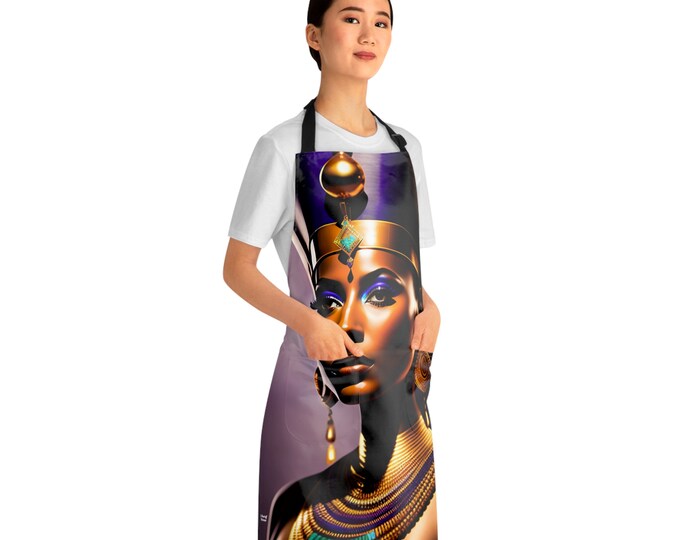 Apron with Egyptian Queen Nefertiti Painting 00, Apron with Pockets, Cooking Apron, Chef, BBQ Apron, Pottery Apronn, Artist, Black Woman Art