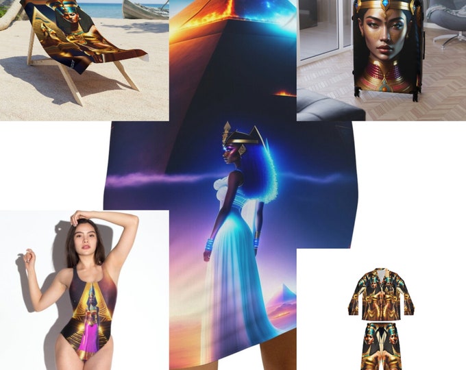 Custom Vacation Bundle Set of 5, with Suitcase, Skirt, Beach Towel, Bikini, and Pajamas, Egyptian Art, Black Woman Art, Summer, Girls Trip