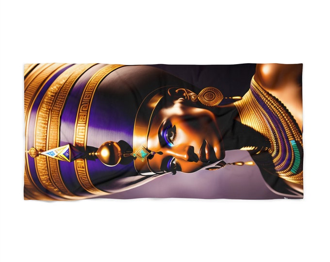 Beach Towel with Egyptian Art Queen Nefertiti Painting 00, Beach Blanket, Vacation Gift, Summer, Pool Towel, Black Woman Art, African Art