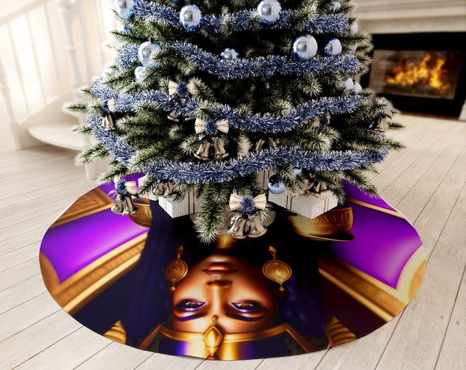 Christmas Tree Skirt with Egyptian Queen Cleopatra Painting 8, Holiday Gifts, Xmas Decor, Family Gift, Black Queen, Afrocentric Art, Egypt