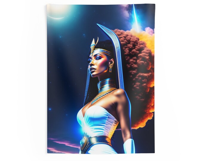 Wall Tapestry with Egyptian Goddess Isis Painting 19, Large Wall Art, Hanging, Home Decor, Bedroom Decoration, Scenic, Black Woman, Afro Art