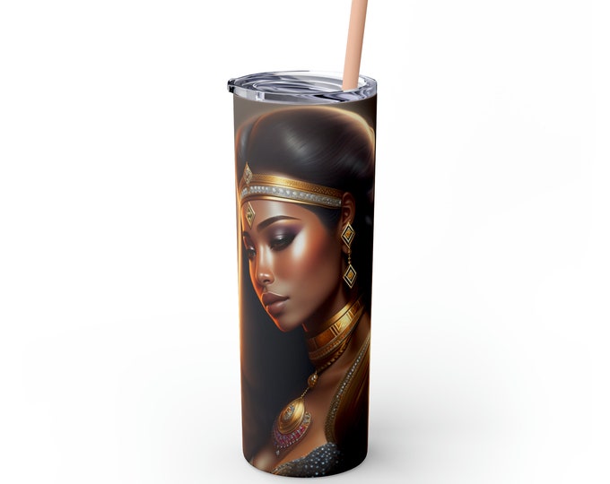 20oz Skinny Tumbler with Straw with Queen Cleopatra Painting 36 Sublimation, Tea Cup, Coffee, Afrocentric Art, Egyptian Art, Black Woman
