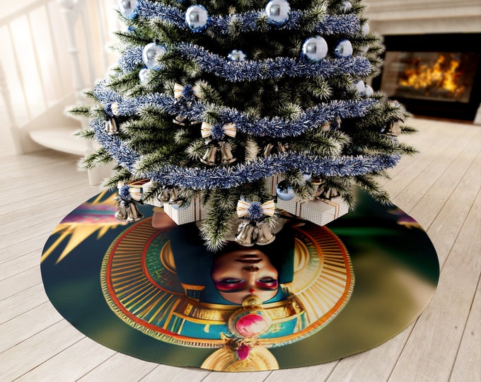 Christmas Tree Skirt with Egyptian Queen Nefertiti Painting 36, Holiday Decor, Xmas, Kwanzaa, Christmas Gifts, Ancient Egypt, African Art