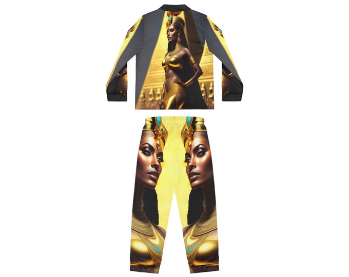 Satin Pajamas Set with Egyptian Queen Nefertiti Painting 31, Sleepwear, Women Clothing, Night Clothes, Bridesmaid Gift, Black Woman Art